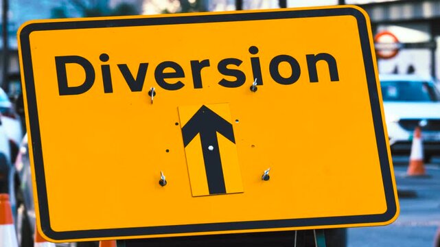 Yellow Diversion Road Sign, Straight Ahead Arrow, Roadworks Traffic Signage, London, England, United Kingdom, Britain