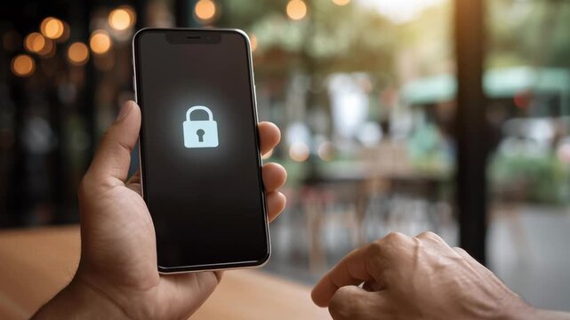 A person is holding a cell phone with a lock icon on the screen. The person is pointing at the lock icon, possibly indicating that they want to lock their phone