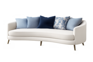 Curved contemporary upholstered sofa with blue cushions for elegant home interior design and comfort on transparent background