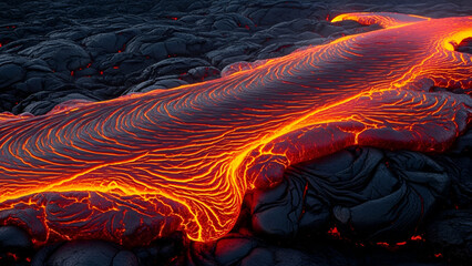 Cinematic pahoehoe lava flows intensely, glowing yellow-orange over dark rock with heat shimmer. Ideal for sci-fi, documentary, gaming, or Halloween-themed content depicting primal power,