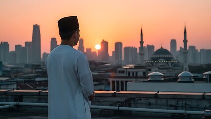 Man in traditional attire overlooking cityscape at sunset with mosque in view.