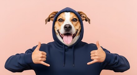 Joyful dog with a human body in a cozy hoodie making cool hand gestures, radiating positive vibes and a playful spirit on a vibrant pink background