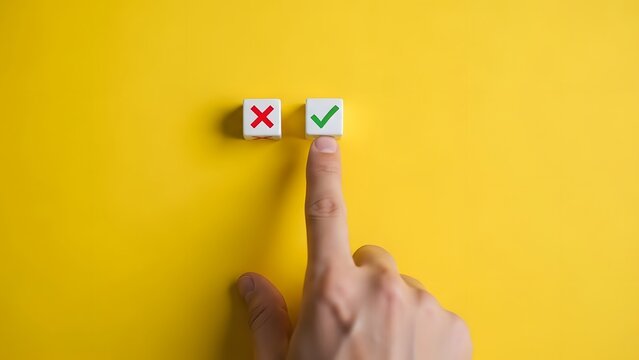 Hand choosing correct option with checkmark over incorrect x on yellow background