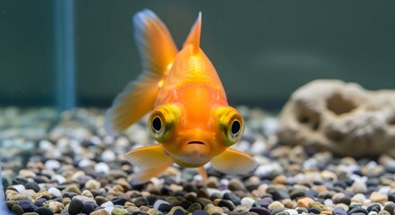 Close-up portrait of a unique goldfish with big, expressive eyes, perfectly still in its shimmering aquarium, observing its surroundings with a charming innocence
