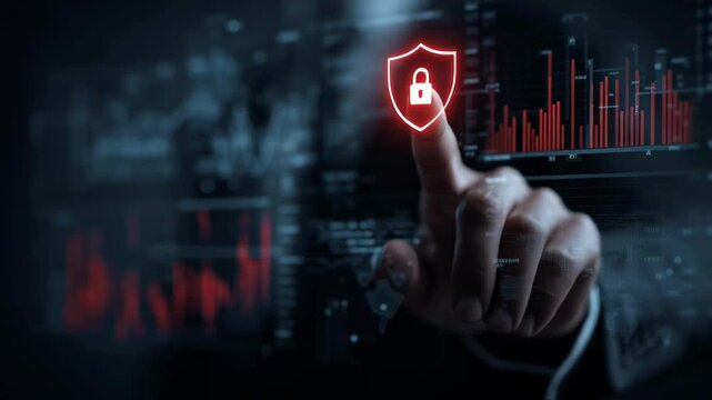 A person is pressing a button on a computer screen that has a red shield on it. Concept of urgency and importance