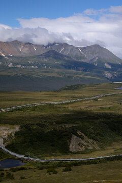 Hills and mountains on a cloudy summer day near the Richardson Highway in interior Alaska.