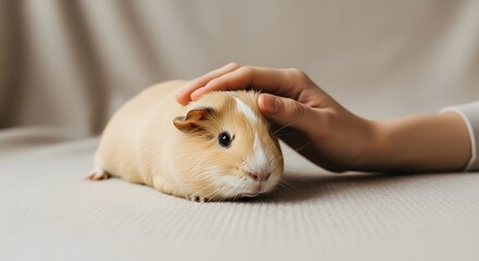 A gentle human hand tenderly pets a domestic guinea pig, showcasing the loving bond between a cherished small animal and its devoted owner