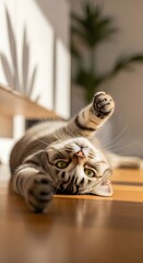 Adorable tabby cat lying on its back on a wooden floor, playfully reaching out with its paws towards the viewer with soft sunlight casting shadows