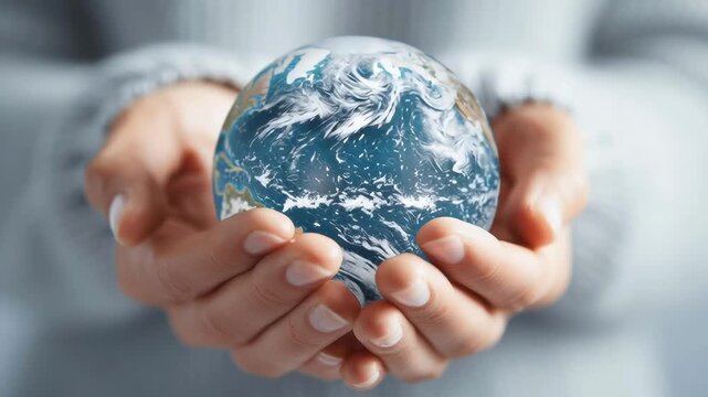 A person is holding a globe in their hands. The globe is blue and white, and it is a representation of the Earth. The person's hands are wrapped around the globe