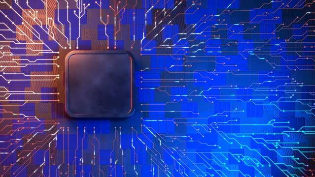 Detailed 3D artwork featuring a metallic CPU chip integrated into a luminous electronic board with blue and orange glowing lines. The composition represents data movement, network infrastructure, and