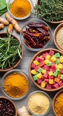 A vibrant and diverse collection of aromatic herbs, potent spices, and colorful sweet treats, artfully arranged in bowls, highlighting culinary ingredients for cooking and seasoning