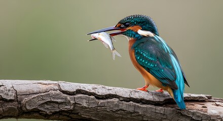 Close-up shot of a vibrant kingfisher perched on a branch, expertly holding a small fish in its beak, showcasing its stunning plumage and hunting prowess in a natural setting
