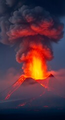 Dramatic nocturnal volcanic eruption, showcasing nature's immense power with fiery molten lava illuminating the dark sky and a colossal ash plume rising