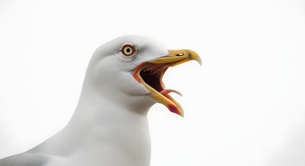 A close-up, detailed photograph captures the intense expression of a seagull mid-squawk with its beak open wide against a bright, overcast sky