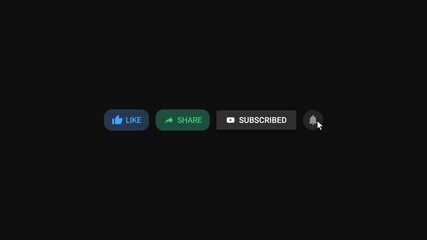 Social media interface with buttons changing states featuring like share and subscribe icons with mouse cursor interaction on black background for video overlay use - Powered by Adobe