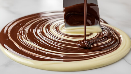 Close-up of glossy, tempering dark and white chocolate swirled into a marbled wave on a bright marble slab. Perfect for gourmet dessert recipes, confectionery promotions, Valentine's Day,