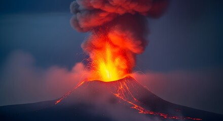 Fiery Eruption Majestic Volcano Spewing Lava and Smoke Under a Twilight Sky