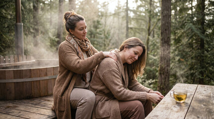 Women engage in wellness rituals focusing on self-care and connection with nature during an afternoon retreat in a forest setting