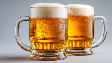 Two frosty mugs of beer, filled with golden amber liquid and topped with a creamy white froth, glisten with bubbles against a soft gradient background.