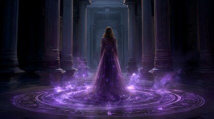 enchantress standing in an ancient temple, her dress shimmering with violet energy, arcane symbols glowing beneath her feet, 