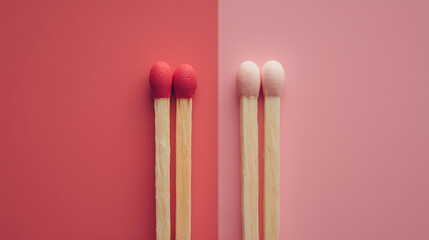 A captivating image of four matches, two with red tips and two with pink tips, set against contrasting backgrounds of light pink and red.