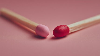 Two matchsticks with vibrant pink and red tips, set against a soft pink background, create a striking visual contrast and an artistic composition.