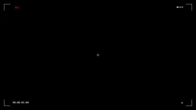 Camera viewfinder recording interface with active timecode red rec indicator battery icon and 4K resolution label on isolated black background for video overlay use