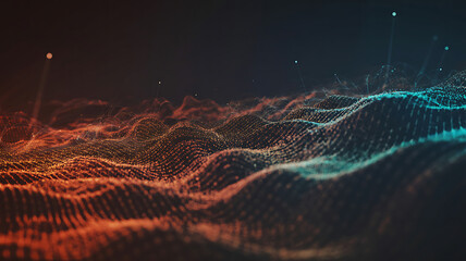 Abstract digital landscape featuring glowing particles and wave like formations in shades of orange and teal