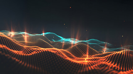 Abstract digital landscape featuring glowing particles forming waves and undulating terrain in a dark futuristic environment