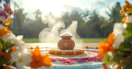  Decorative colorful clay pot on floor pattern known as a Kolam - Thai Pongal Celebration - high resalution background - morning scene