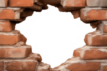 Damaged brick wall with a large hole showing breaking and erosion, revealing a transparent background for design or construction themes