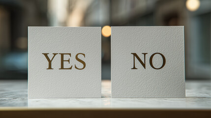 Two elegant white cards display YES and NO in a stylish font, symbolizing decision-making in a soft, blurred background setting.