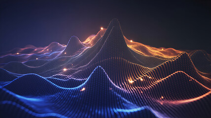 Abstract digital landscape featuring undulating waves of light glowing particles and a futuristic terrain visualization high quality