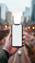 Hand holding smartphone with blank screen on city street