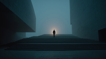 A solitary figure walks up a staircase towards a glowing light, surrounded by stark, modern architecture shrouded in mist.
