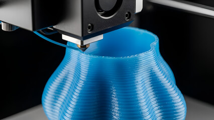 Close-up of a 3D printer nozzle precisely depositing blue plastic filament, forming a wavy, organic vase. Perfect for showcasing additive manufacturing, rapid prototyping, industrial innovation,