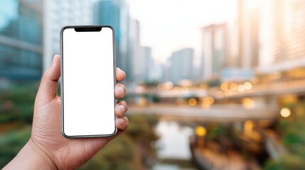 Hand holding smartphone with blank screen on city street
