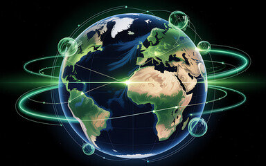 A glowing earth is encircled by vibrant green orbital lines and connected nodes symbolizing global connectivity