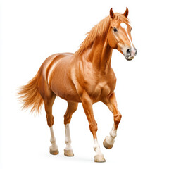 Obraz premium A majestic orange horse strides confidently, showcasing its muscular build and flowing mane against a clean white background.