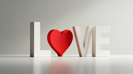 Stylish three-dimensional letters spelling LOVE with a vibrant red heart, symbolizing affection and connection in a minimalist setting. © Maryna