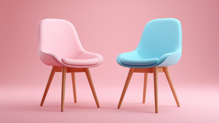 Two stylish chairs, one pink and one blue, set against a soft pink background, creating a cheerful, modern aesthetic perfect for any trendy space.