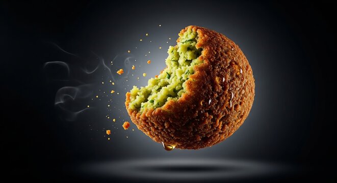 Crispy falafel ball, freshly bitten, captured mid-air with scattered crumbs and steam. Its vibrant green chickpea interior shines against a dramatic dark background, ideal for food ads