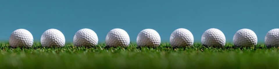 golf ball wide banner, row of nine white golf balls neatly aligned on vibrant green turf with a blurred blue sky in the background perfect for a golf challenge header