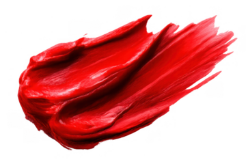 Red cosmetic lipstick stain paint smear, vibrant oil dye brush stroke creating texture, isolated on transparent background