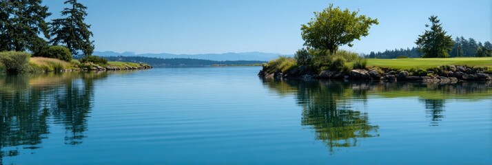 coastal landscape, a picturesque island green surrounded by clear blue water, with a serene and reflective setting, offering a bright, pacific northwest vibe
