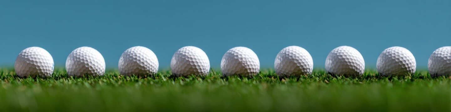 golf ball wide banner, row of nine white golf balls neatly aligned on vibrant green turf with a blurred blue sky in the background perfect for a golf challenge header