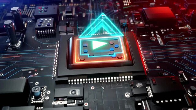   A glowing triangular play icon hovers above a stylized microchip on a neon-lit motherboard.