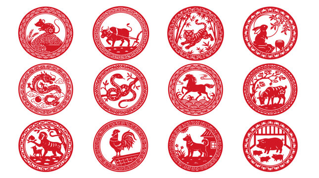 Traditional Chinese Zodiac animals paper cut set. 12 red round vector icons for Lunar New Year.