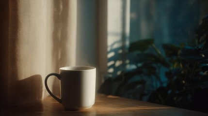 Fototapeta premium White coffee cup sits on a wooden table