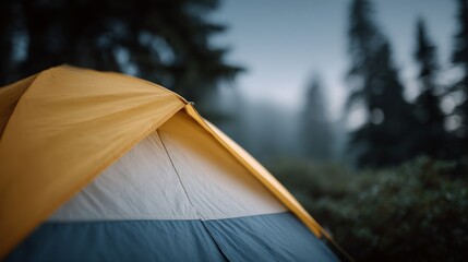 Yellow tent with a blue stripe is set up in a forest